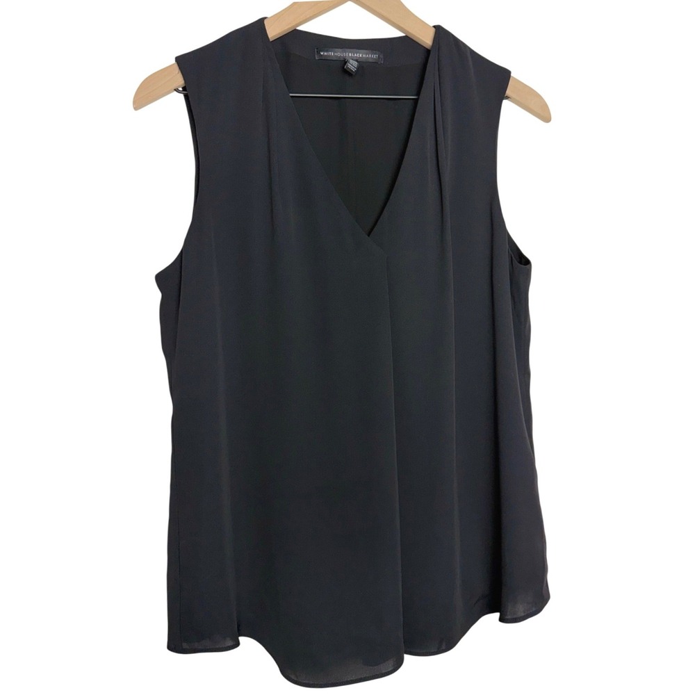White House Black Market Black Minimalist Sleeveless V-Neck Pleated Blouse Sze 4 - Picture 2 of 8